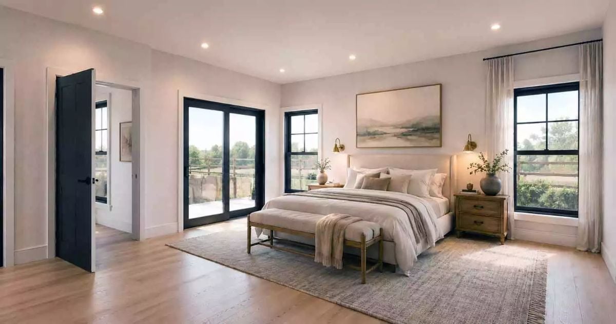 Black-Framed Doors and Gold Sconces Do a Lot of Heavy Lifting in This Primary Suite