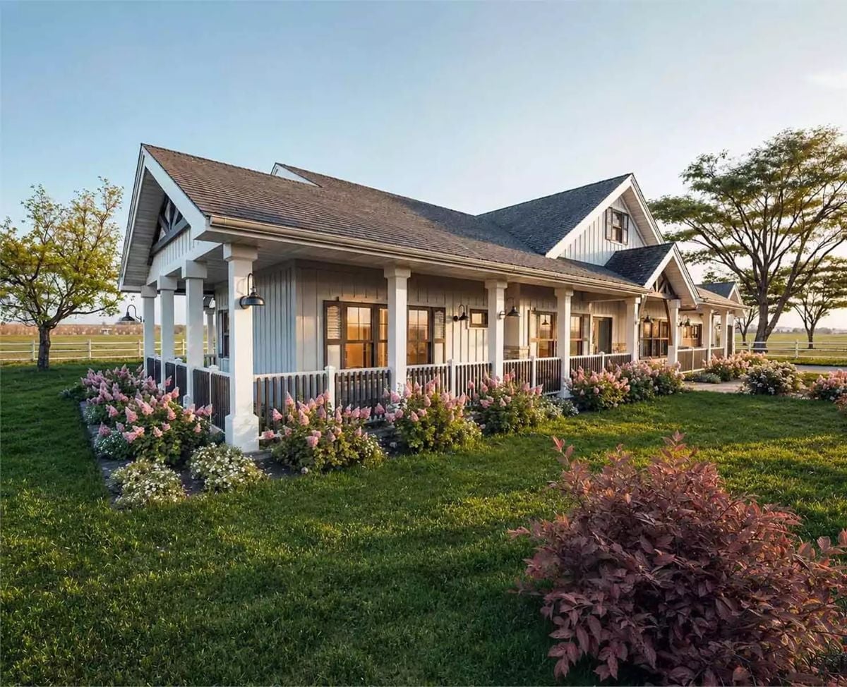 Wraparound Porch with Board-and-Batten Siding Planted in Open Country