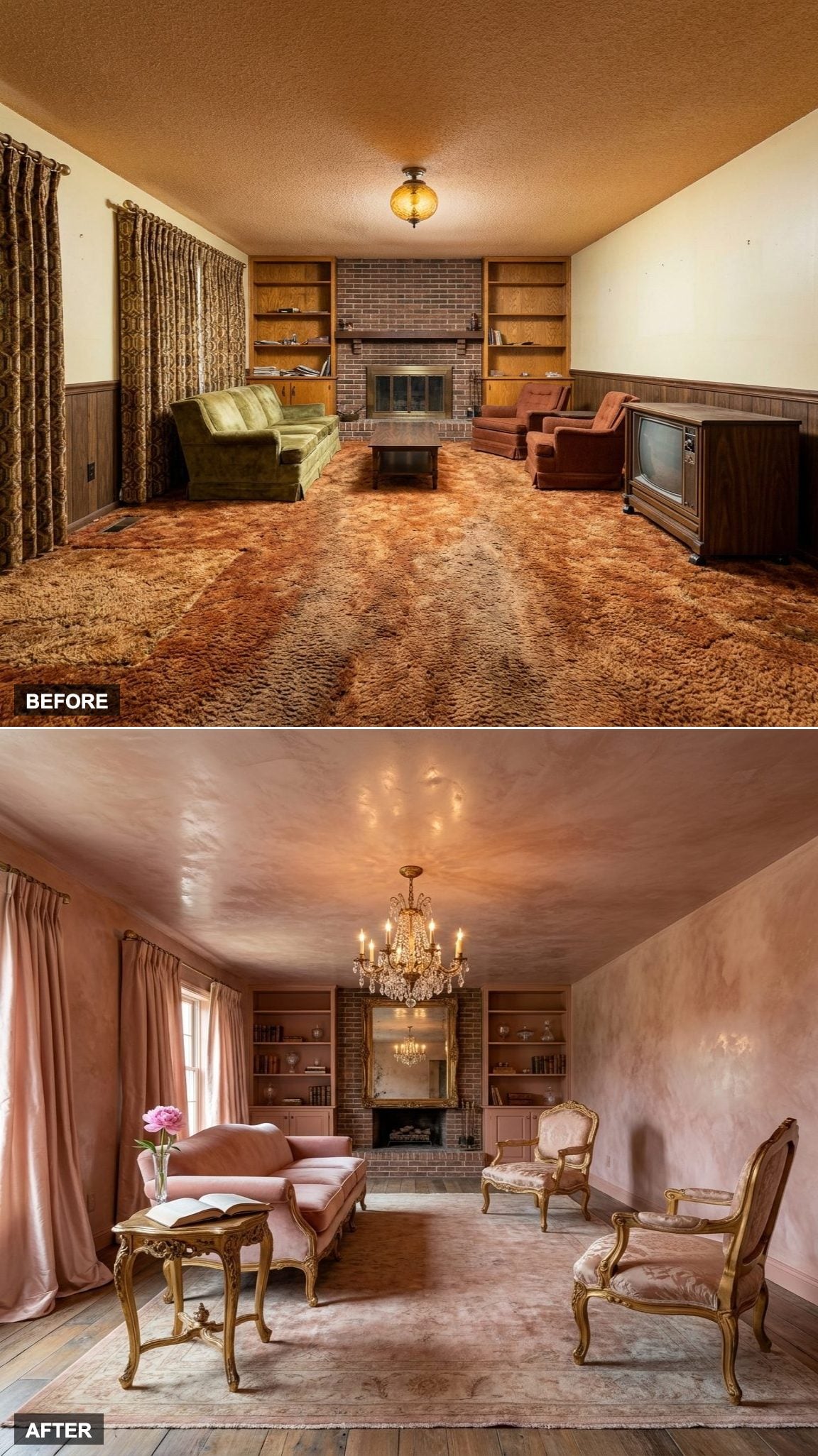 Romantic Venetian Plaster Salon with Blush Walls, Gilded Mirrors, and Silk Velvet Seating