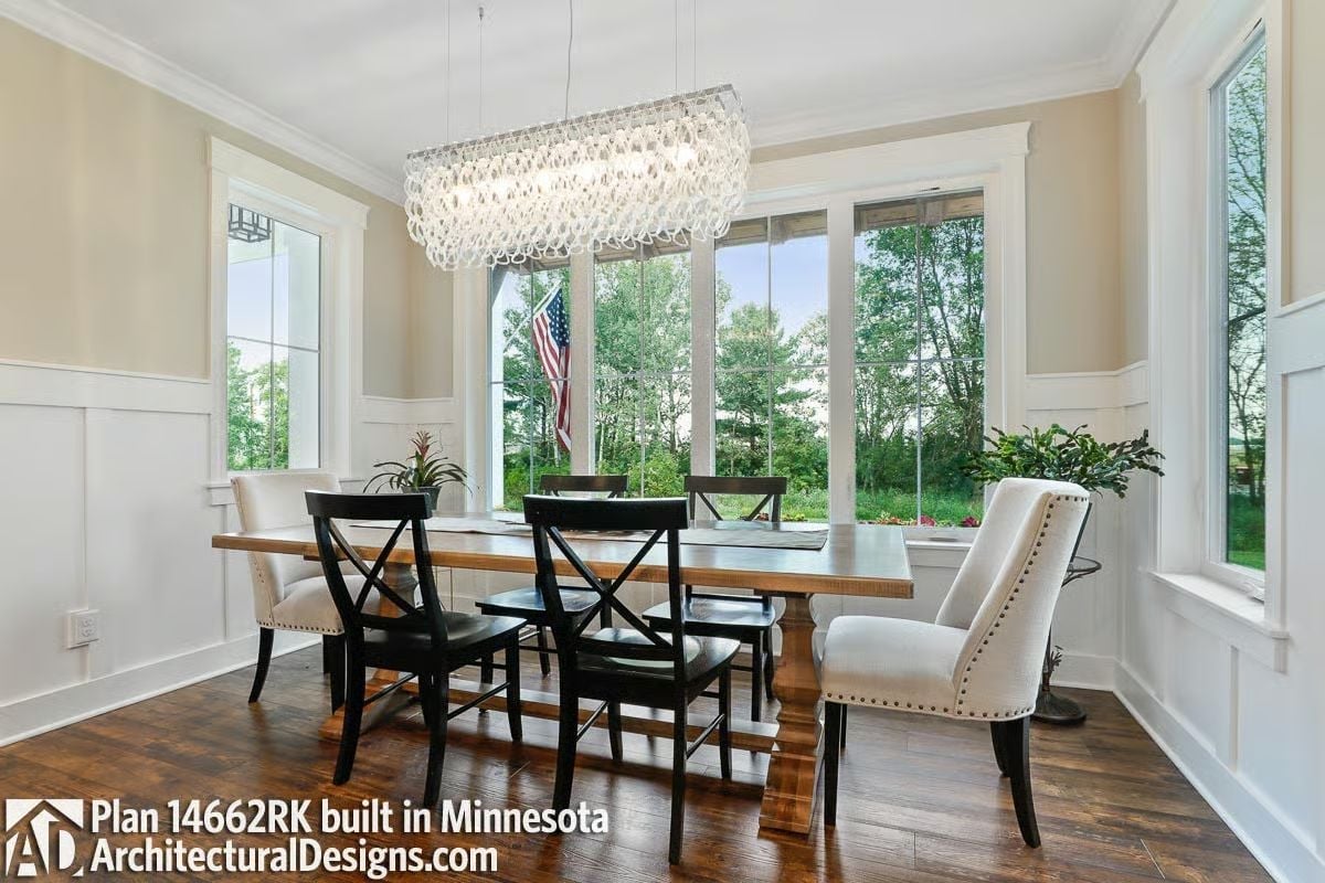 Crystal Chandelier Over a Farmhouse Table That Actually Has Room to Breathe