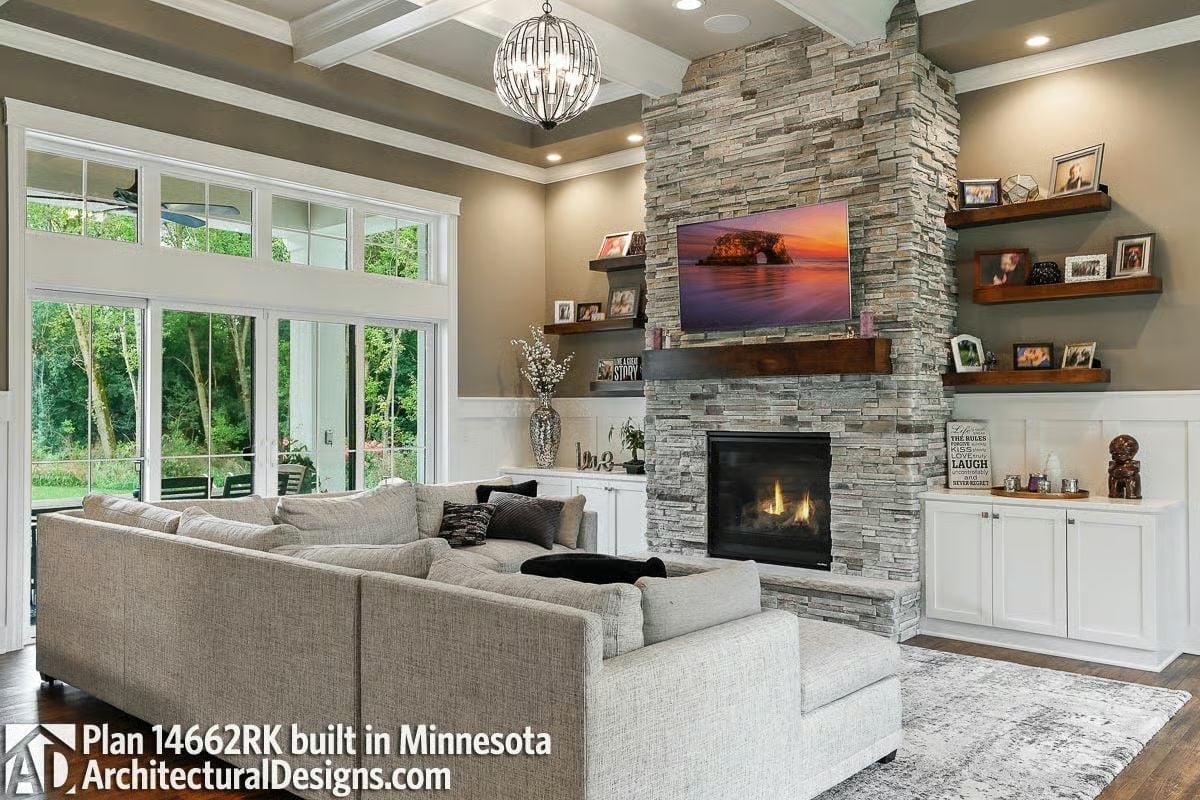 Stone Fireplace Tower That Goes All the Way to the Coffered Ceiling