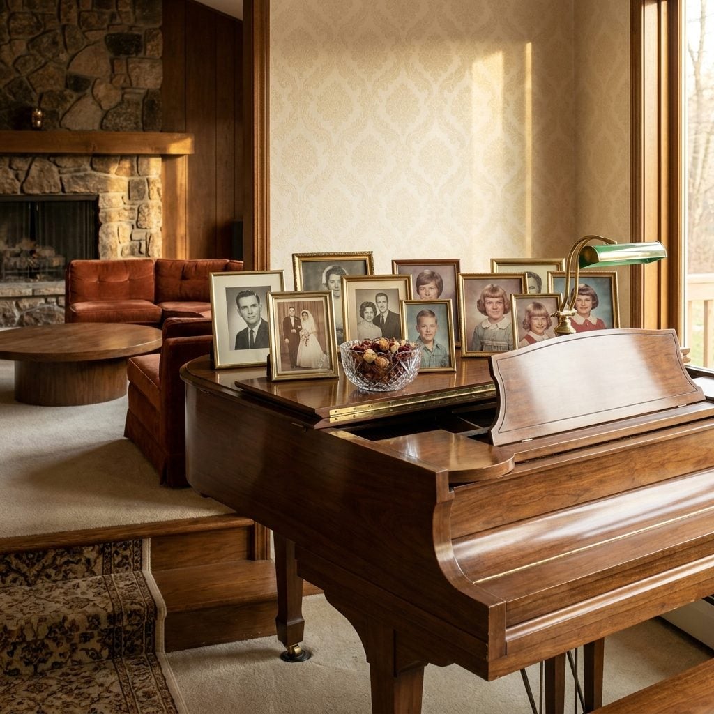 The Row of Framed Family Portraits Angled Just So on the Grand Piano