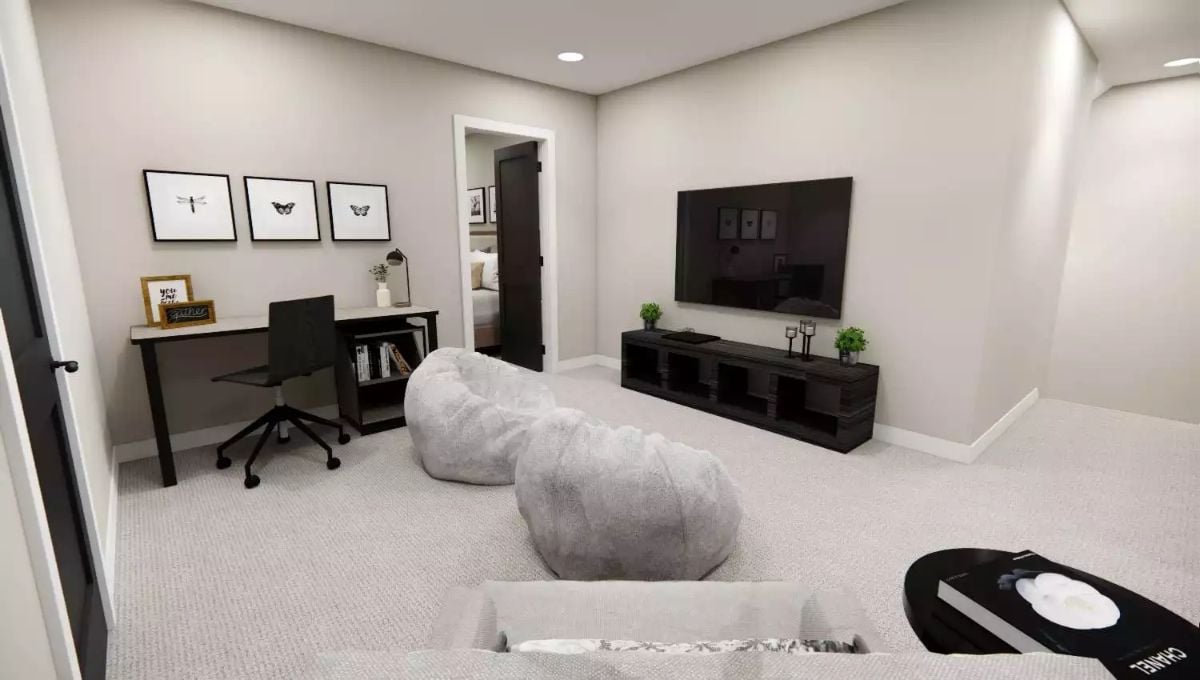 Bean Bag Chairs and a Wall-Mounted TV Turn a Bonus Room Into Nobody's Office