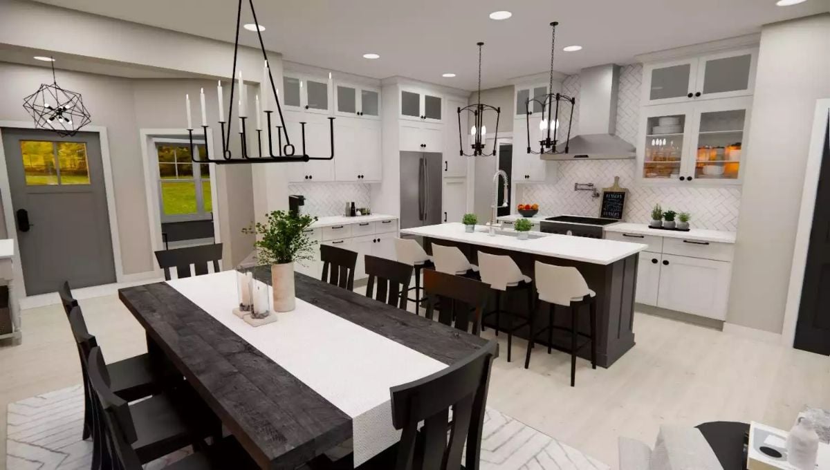 Dark Wood Dining Table Anchors an Open Kitchen Without Competing With It
