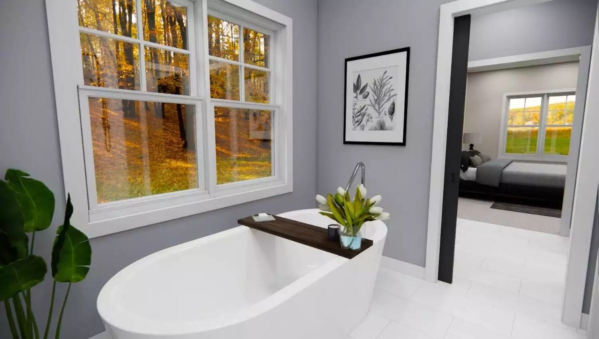 Freestanding Tub With a Walnut Caddy and an Autumn Forest View Nobody Asked You to Share