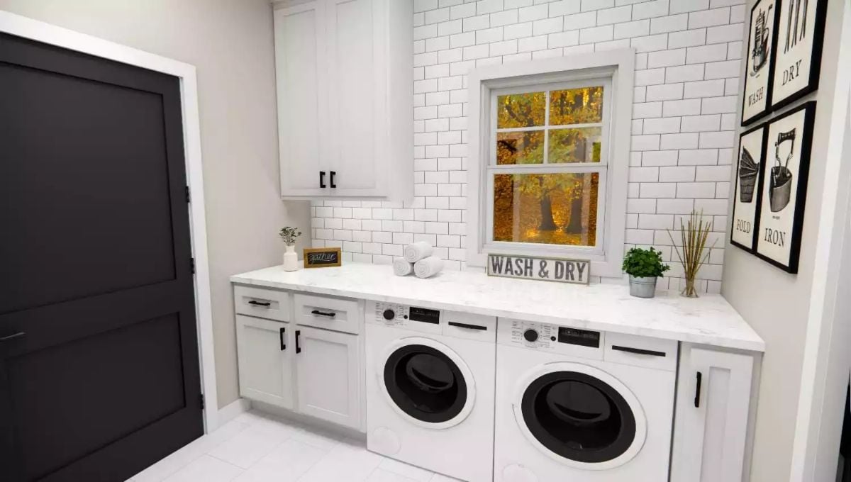 Subway Tile and a "Wash & Dry" Sign Make Laundry Feel Like Less of a Punishment