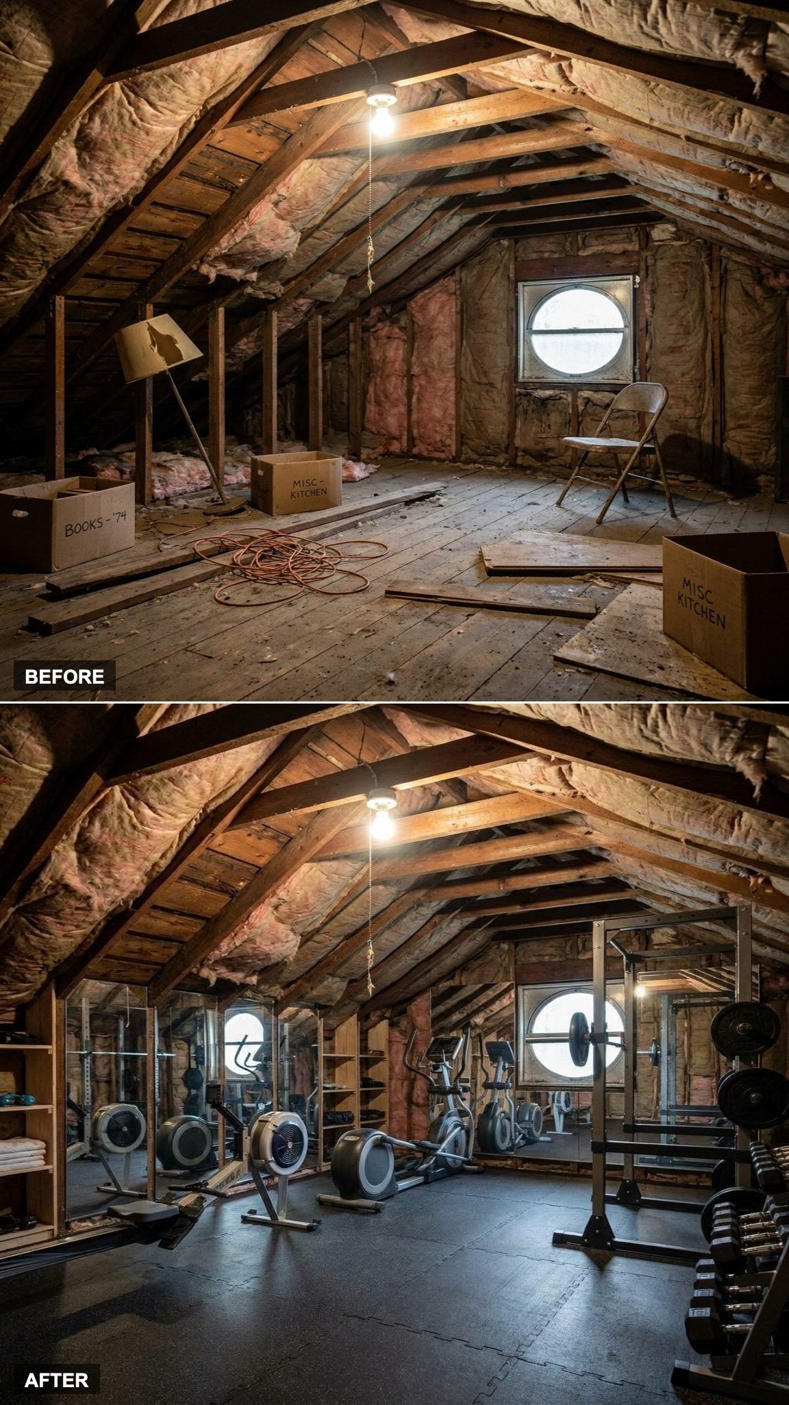 Rubber Flooring and Eave Storage Transform the Attic Into a Home Gym
