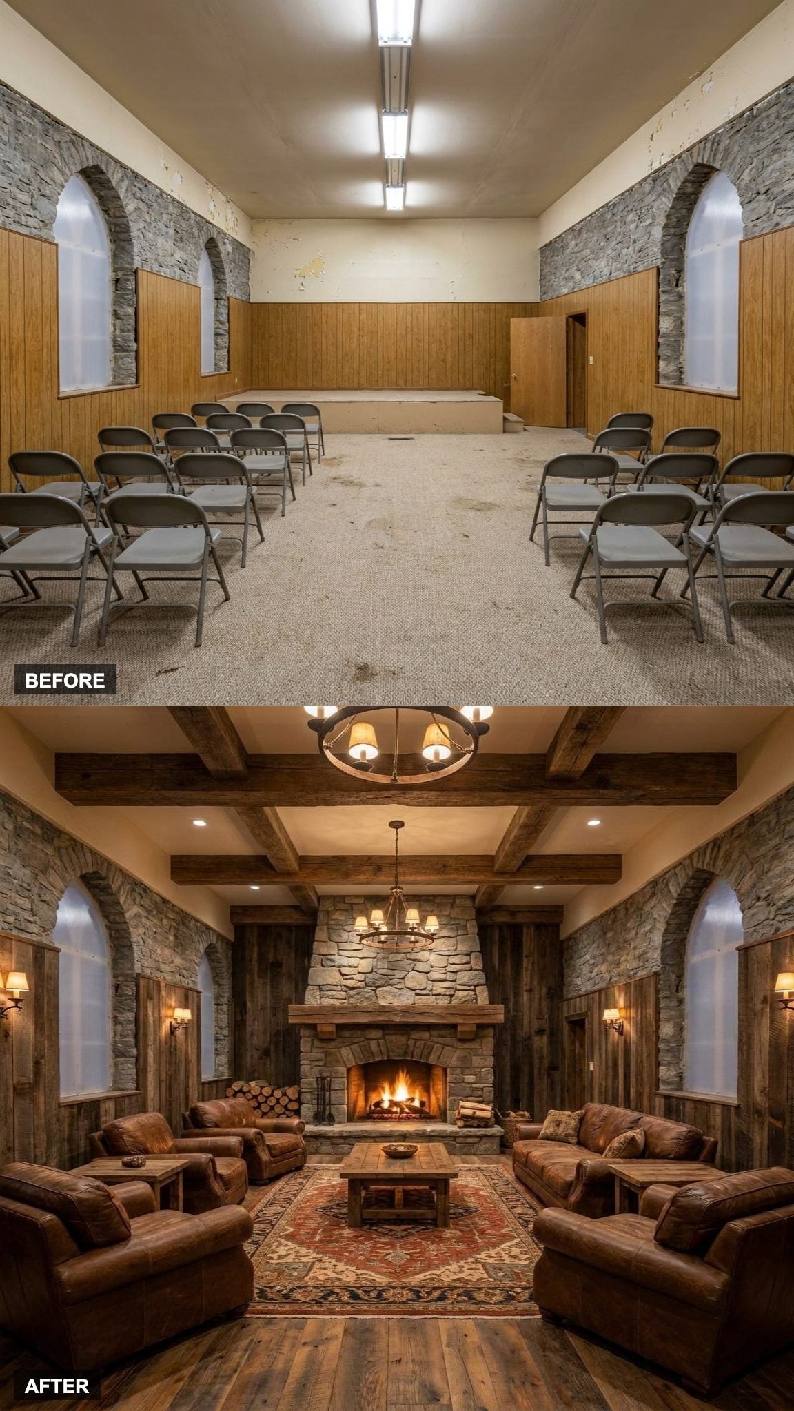 Rustic Mountain Lodge with Exposed Timber Trusses, Reclaimed Wood, and an Oversized Stone Fireplace