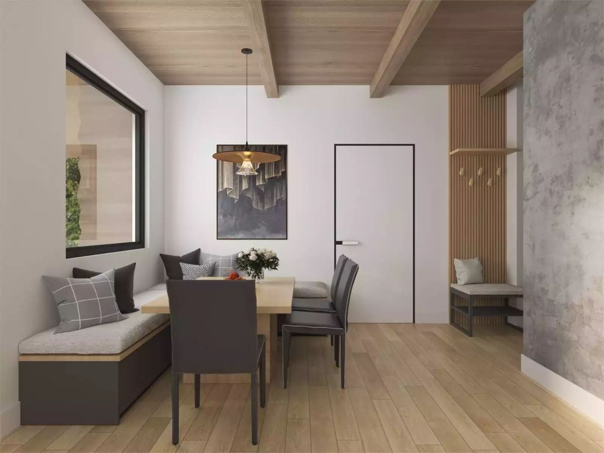 Bench Seating, Beamed Ceiling, and a Door That Disappears Into the Wall