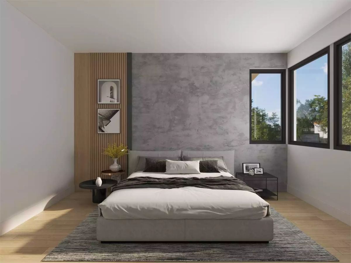 Concrete Texture, Wood Slats, and Bedding That Looks Like It Was Never Folded