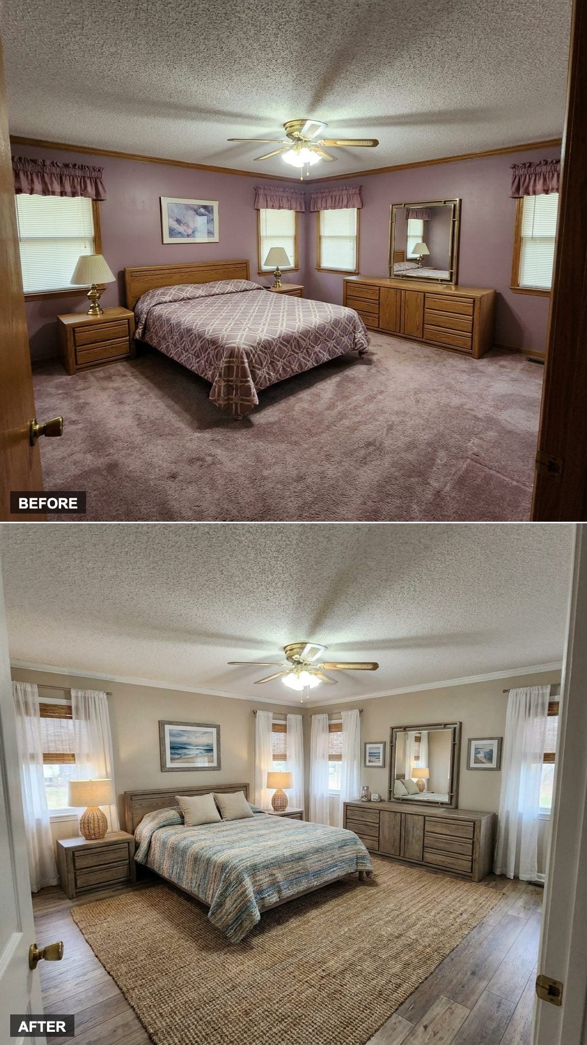 Sandy Neutrals, Weathered Oak, and Sheer Curtains Wash Every Trace of Mauve Out to Sea