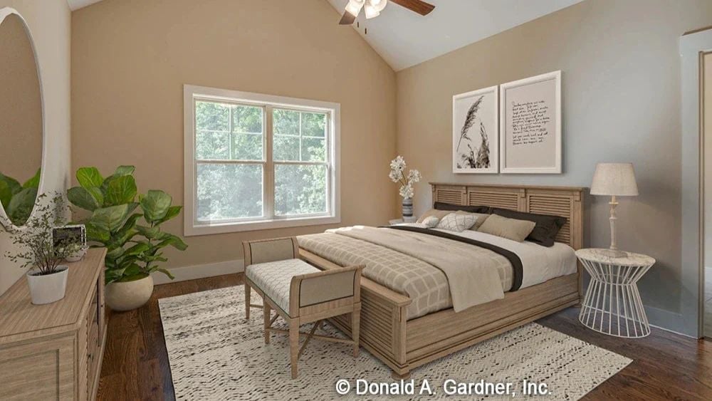 Vaulted Ceiling, Warm Wood Headboard, and a Bench That Actually Gets Used