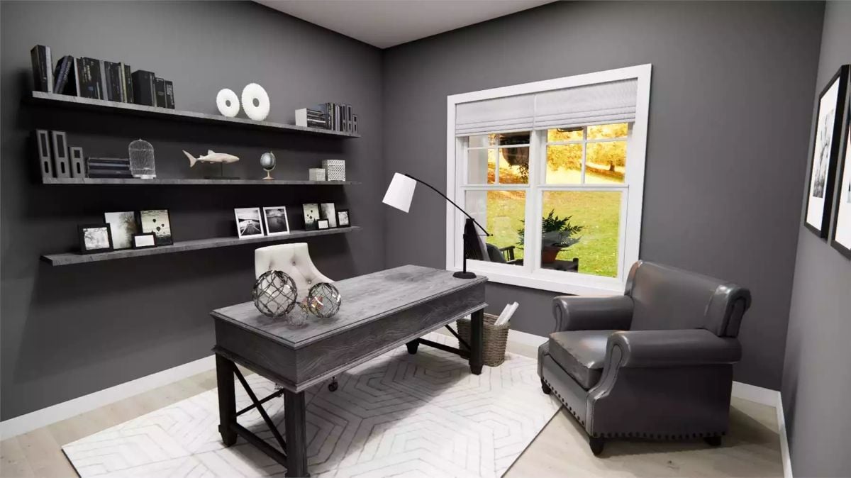 Charcoal Walls and a Shark on the Shelf Make This Home Office Hard to Forget