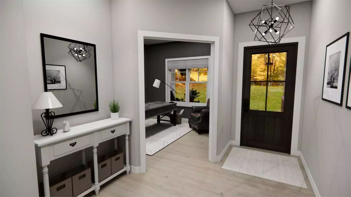 Foyer Geometry: How a Black Pendant Ties an Entryway Together