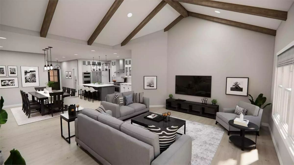 Vaulted Beams and Gray Sofas Built for a Slow Sunday