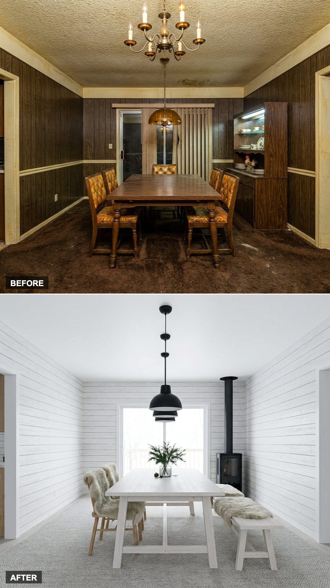 Scandinavian Winter Cabin with White-Washed Shiplap, Sheepskin Throws, and Matte Black Pendants