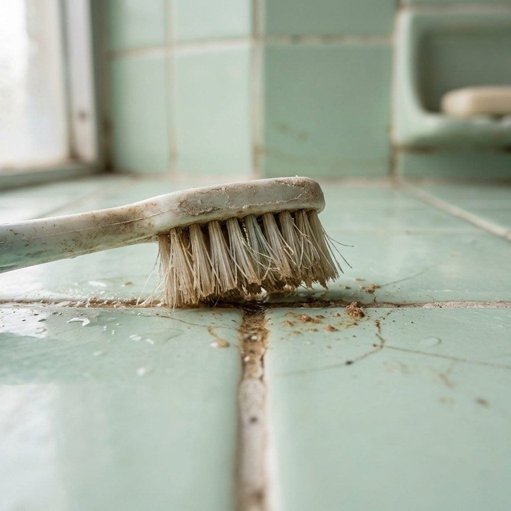 Scrubbing the Bathroom Tile Grout With an Old Toothbrush