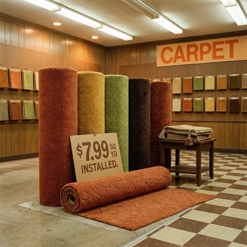 A Sculpted Nylon Wall-to-Wall Carpet in Rust or Gold: About $7 to $10 per Square Yard in 1978