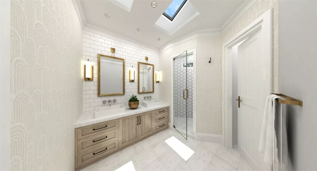 Gold Hardware, Hex Tile, and a Skylight That Makes the Whole Room Feel Borrowed From Outside