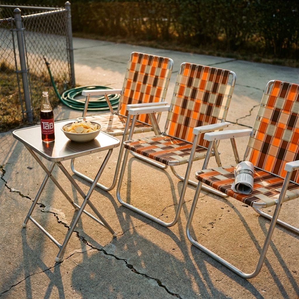 A Set of Aluminum Folding Lawn Chairs with Woven Webbing: About $8 Each in 1975