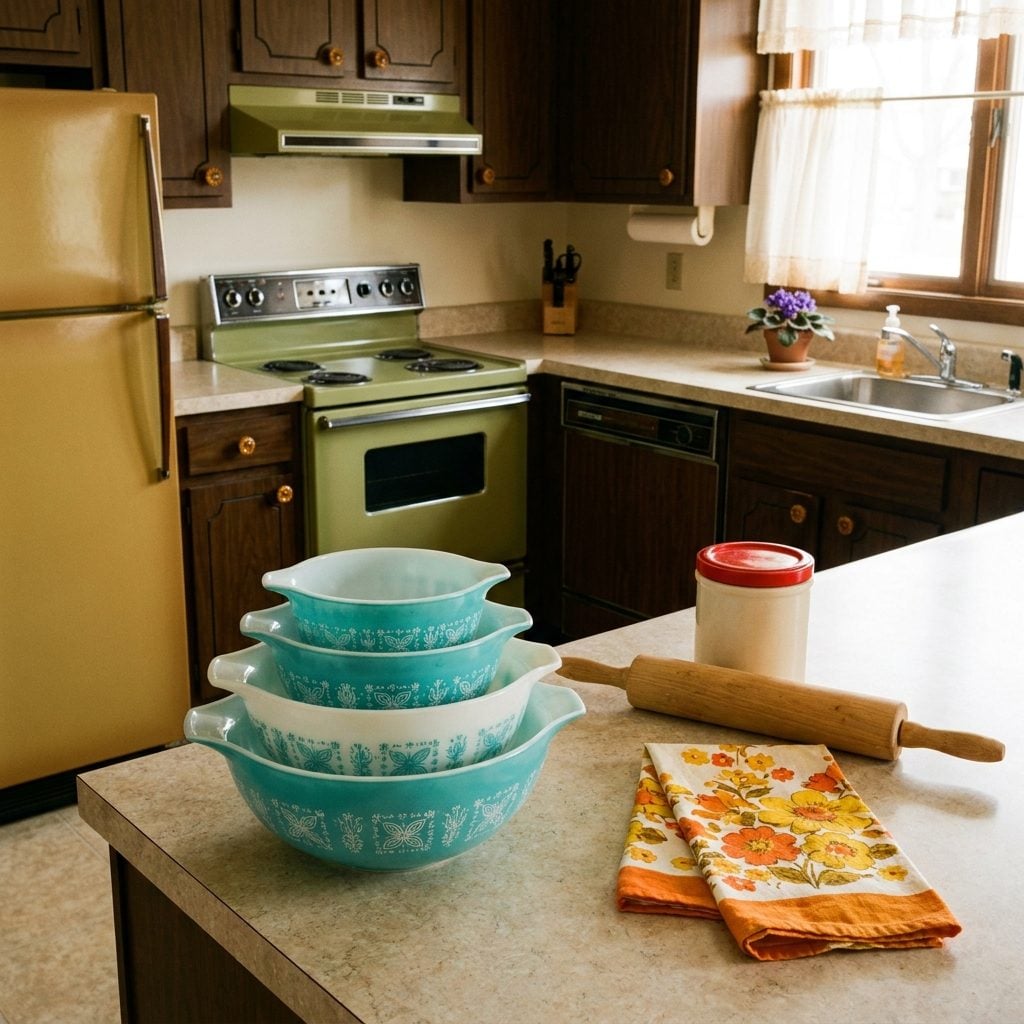A Set of Pyrex Mixing Bowls in the Butterprint Pattern: About $12