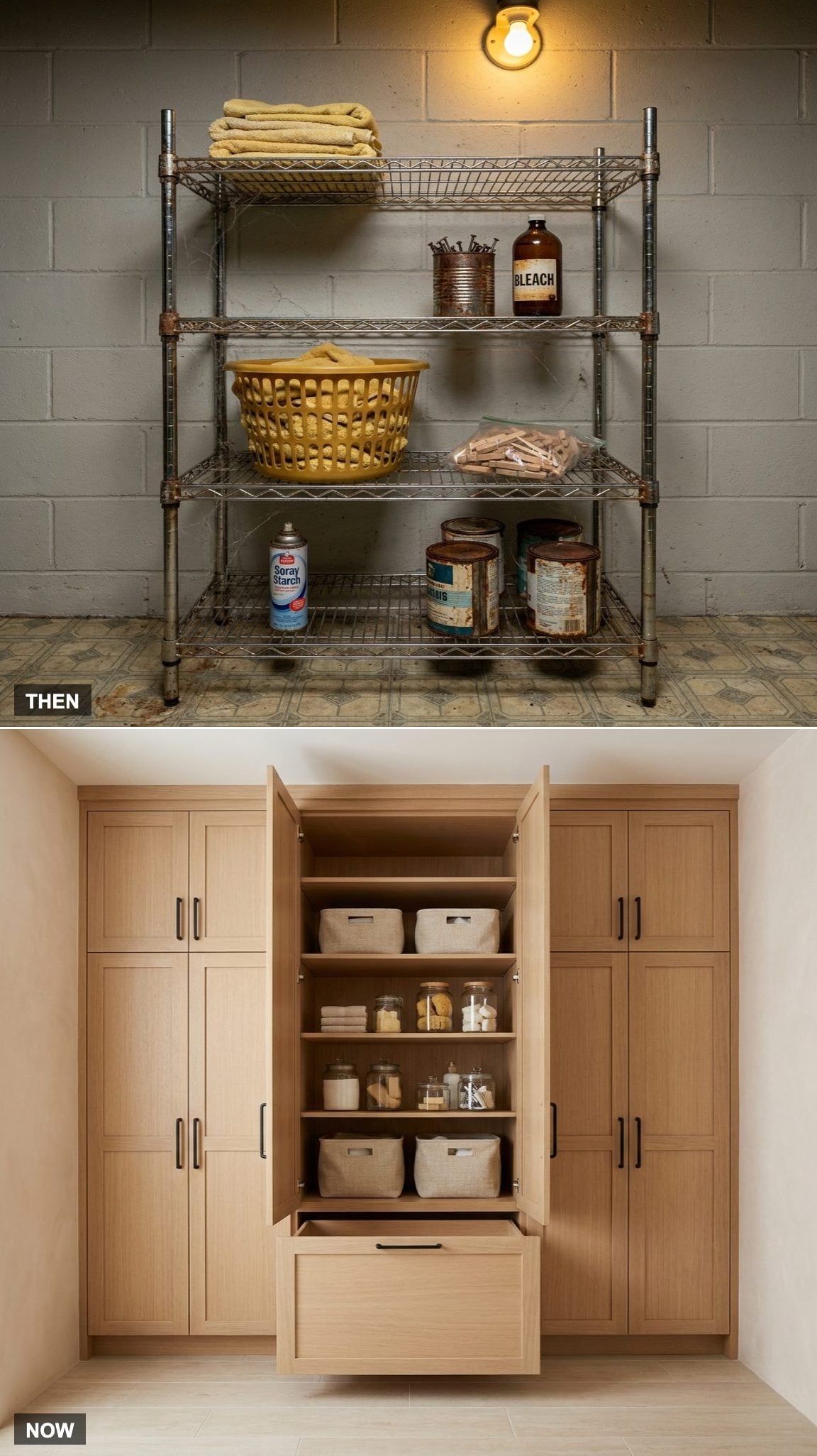 The Shelving: Rusting Metal Racks vs. Custom Wood Built-Ins