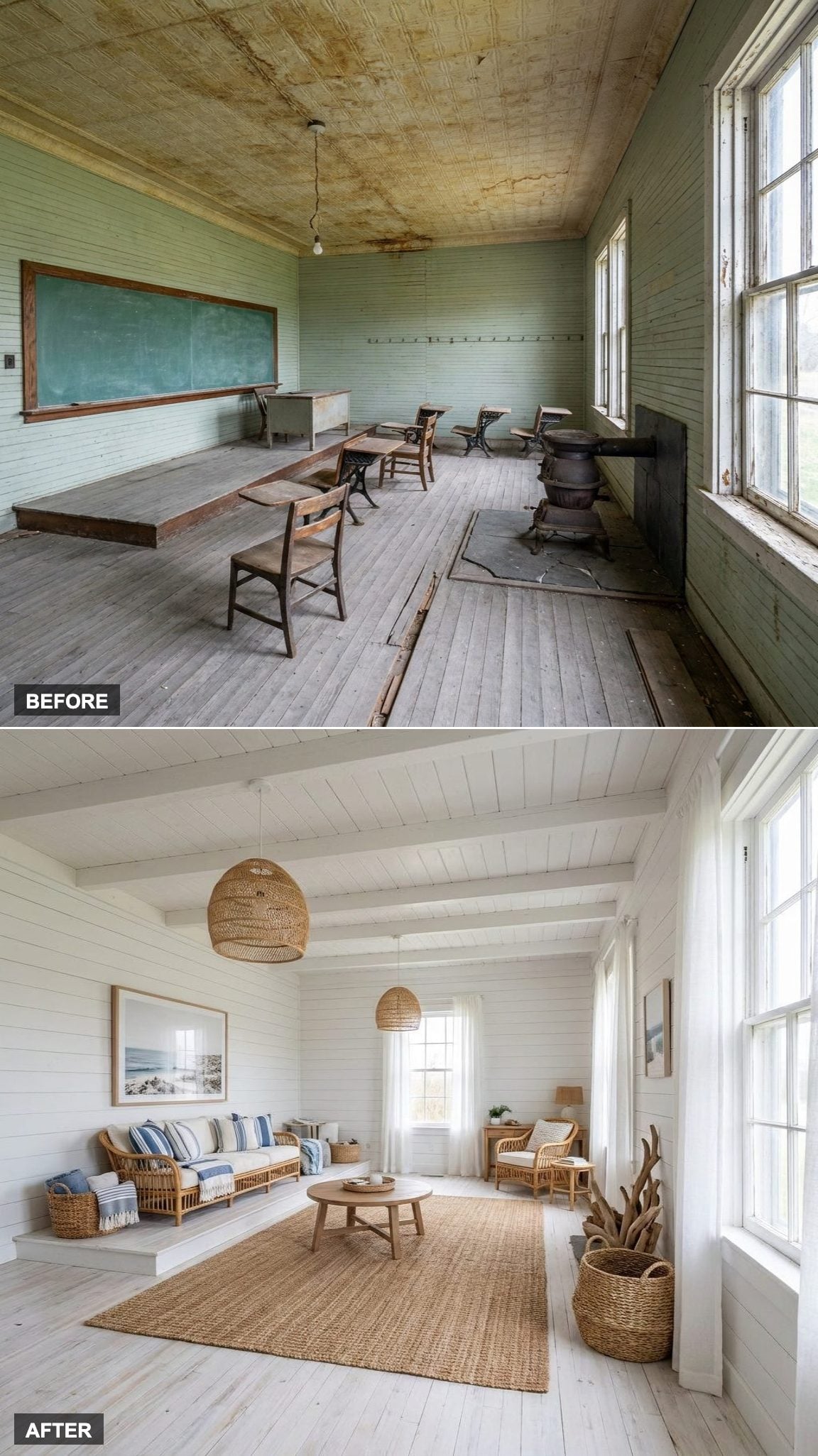 Shiplap Walls and Rattan Bring Out the Schoolhouse's Inner Beach Cottage