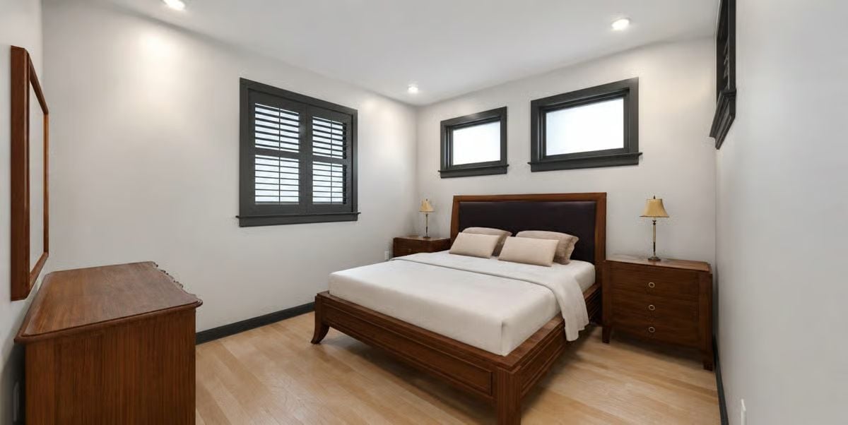 Dark Walnut Bed Frame and Matching Nightstands Pull the Whole Room Together