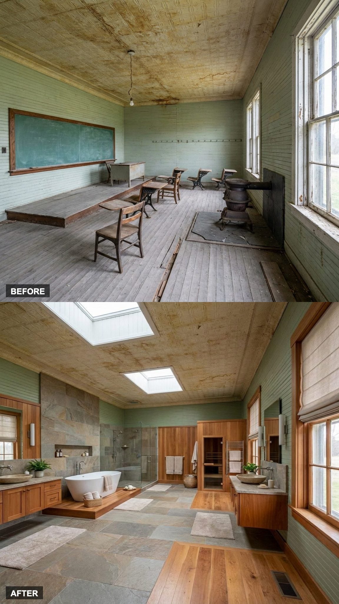 Skylights and a Freestanding Tub Turn the Back Corner Into a Spa Nobody Expected