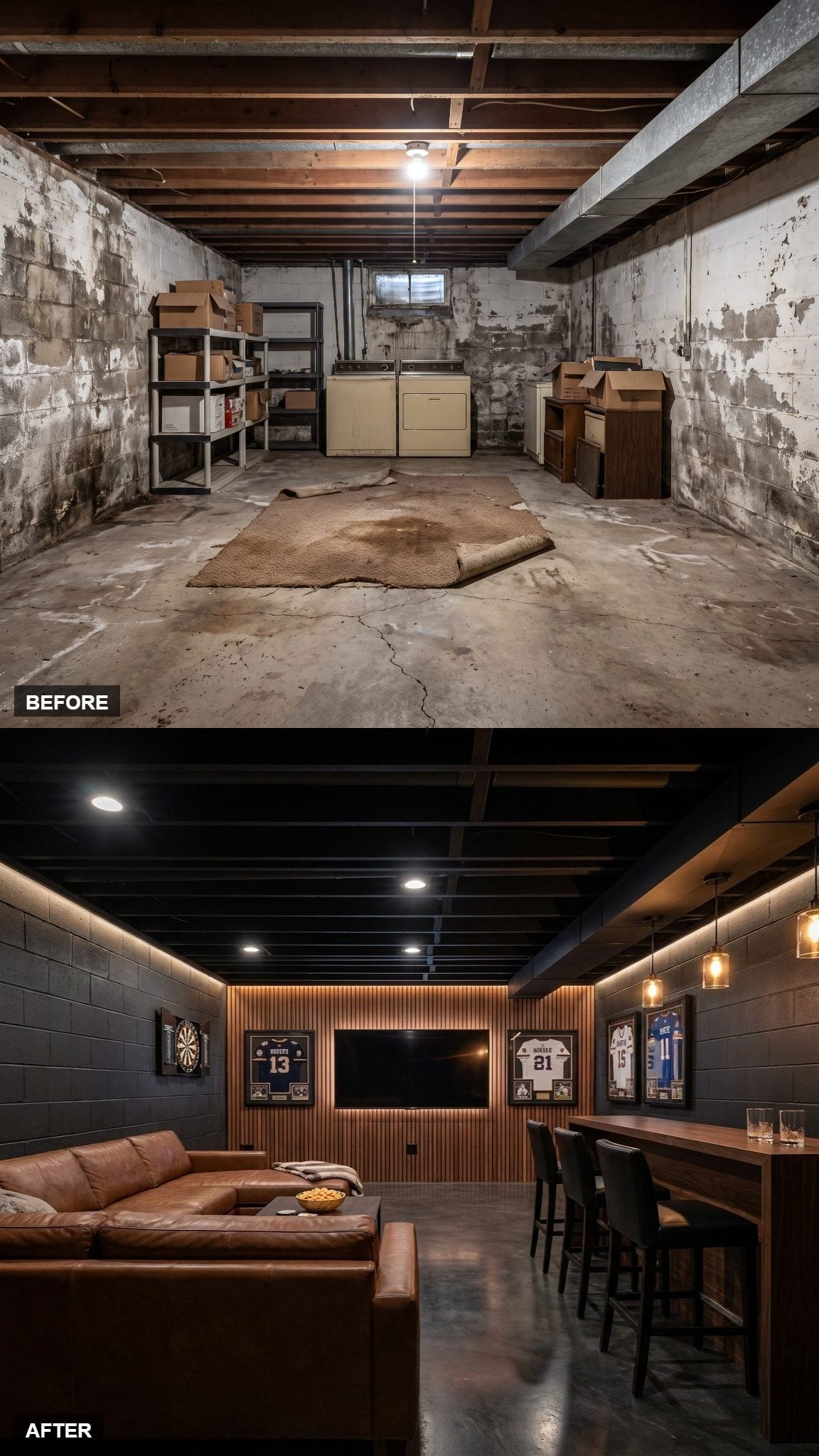 Sleek Sports Bar and Man Cave in Charcoal and Wood Slat