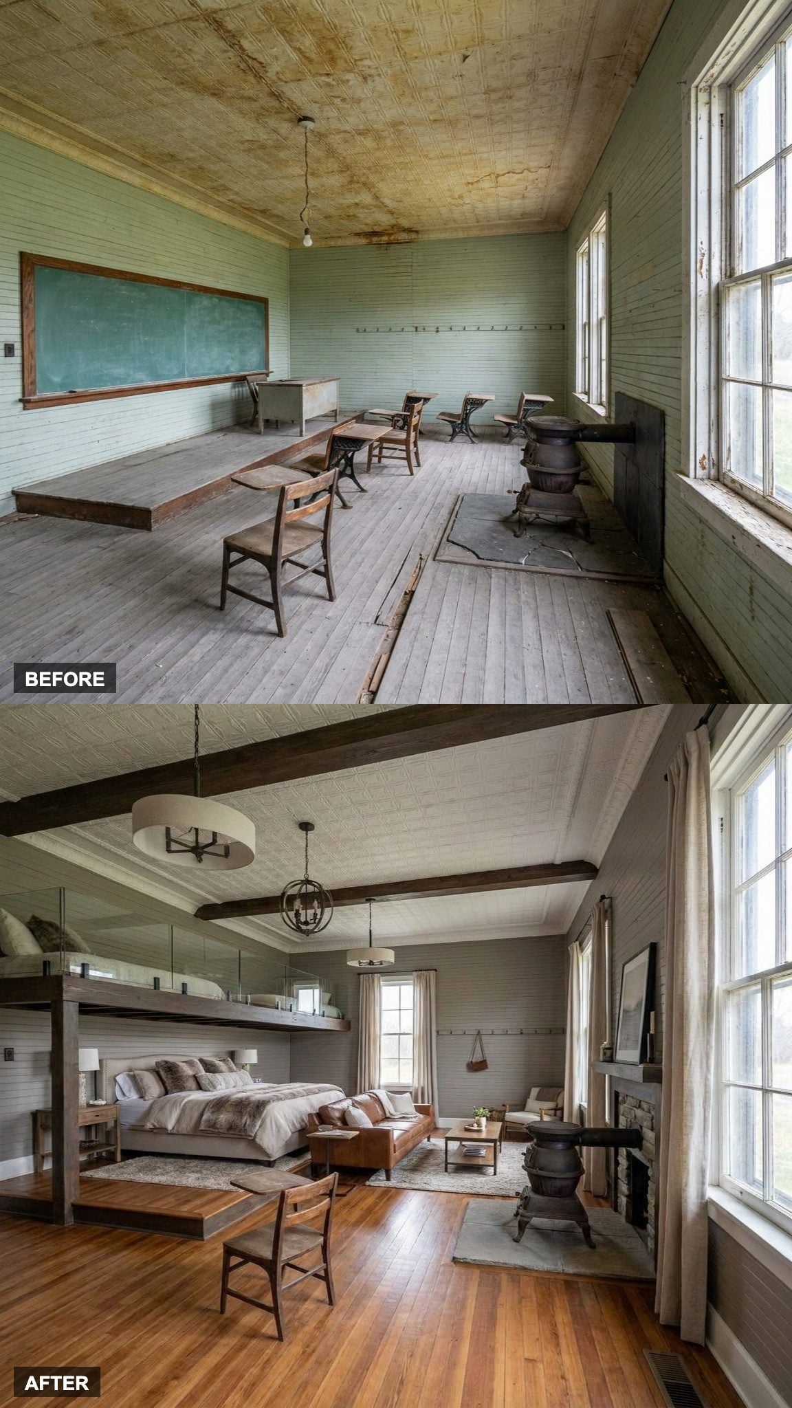 The Sleeping Loft With Exposed Beams Is the One Architectural Gift Old Schoolhouses Keep Giving