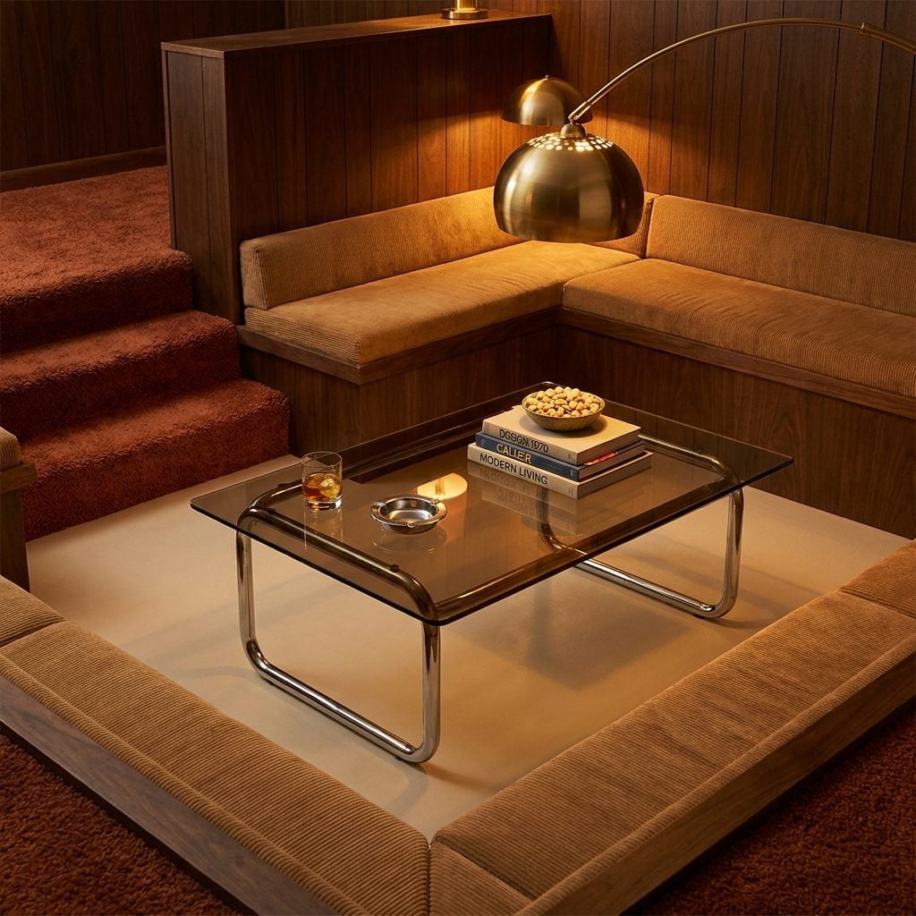 The Smoked Glass Coffee Table on a Chrome Base at the Center of It All