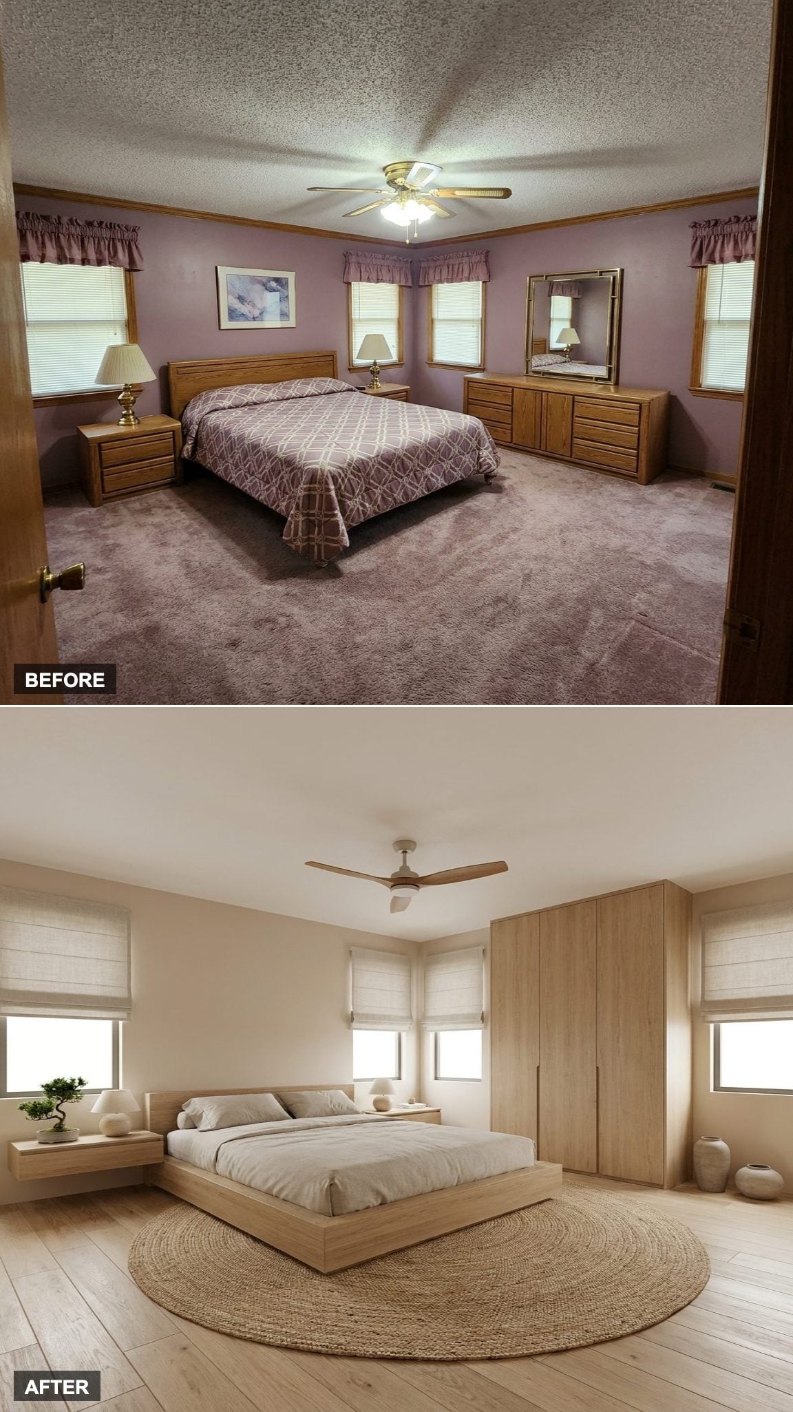 A Soft Beige Palette and Hidden Storage Strip This 1980s Bedroom Down to Pure Calm