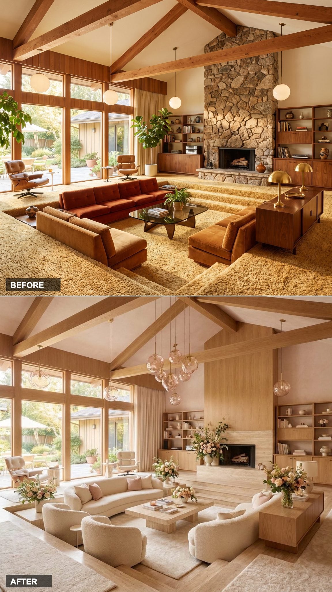 Soft Blush Plaster and Travertine Coffee Tables with Curved Ivory Sofas