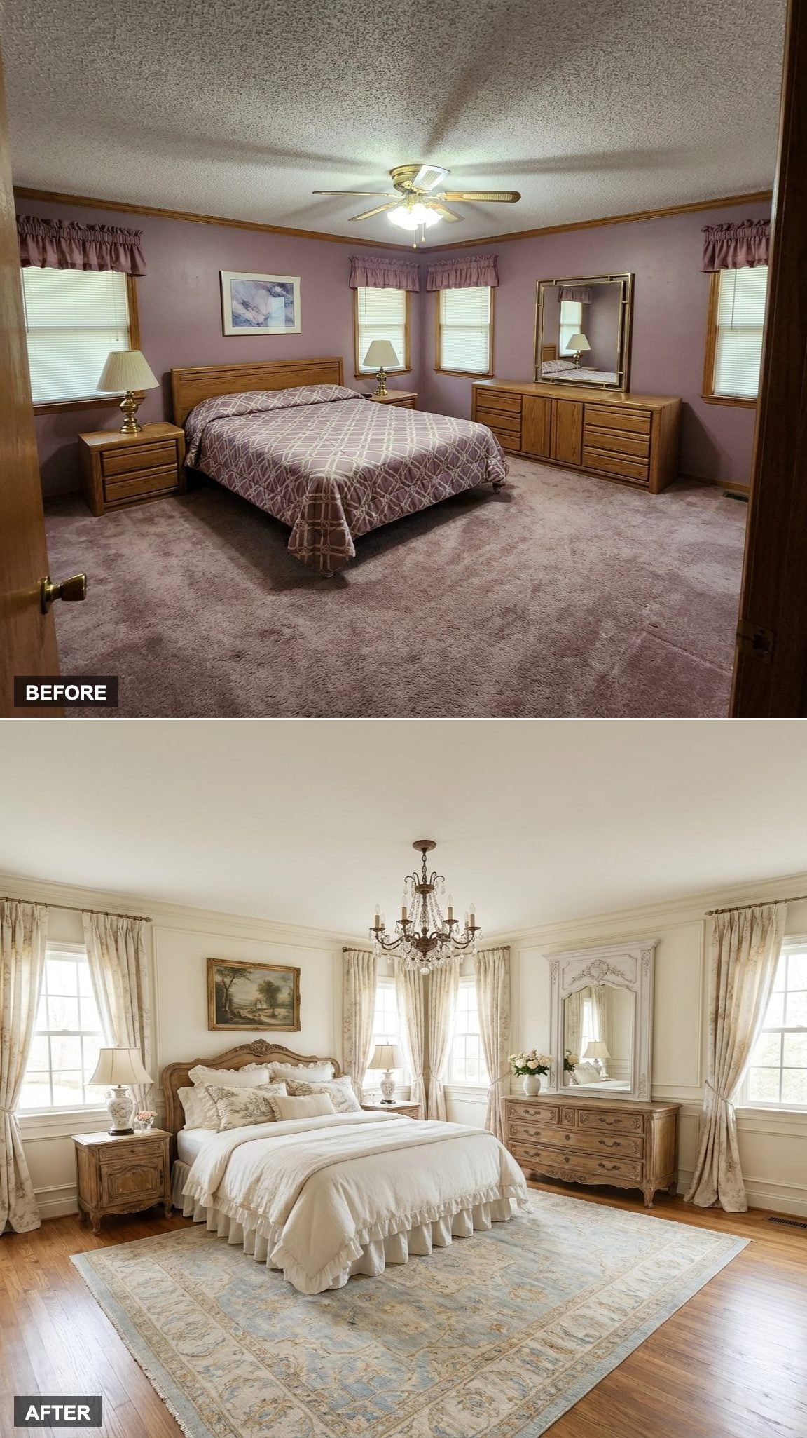 Soft Ivory, Antique Wood, and Romantic Linen Drapery Bring French Country Calm to a Builder-Grade Box