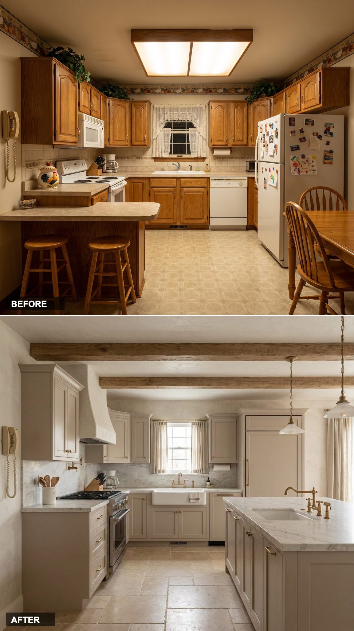 Soft Mushroom Cabinetry, Oak Beams, and an Aged Brass Hood Make French Country Feel Like It Was Never Out of Style