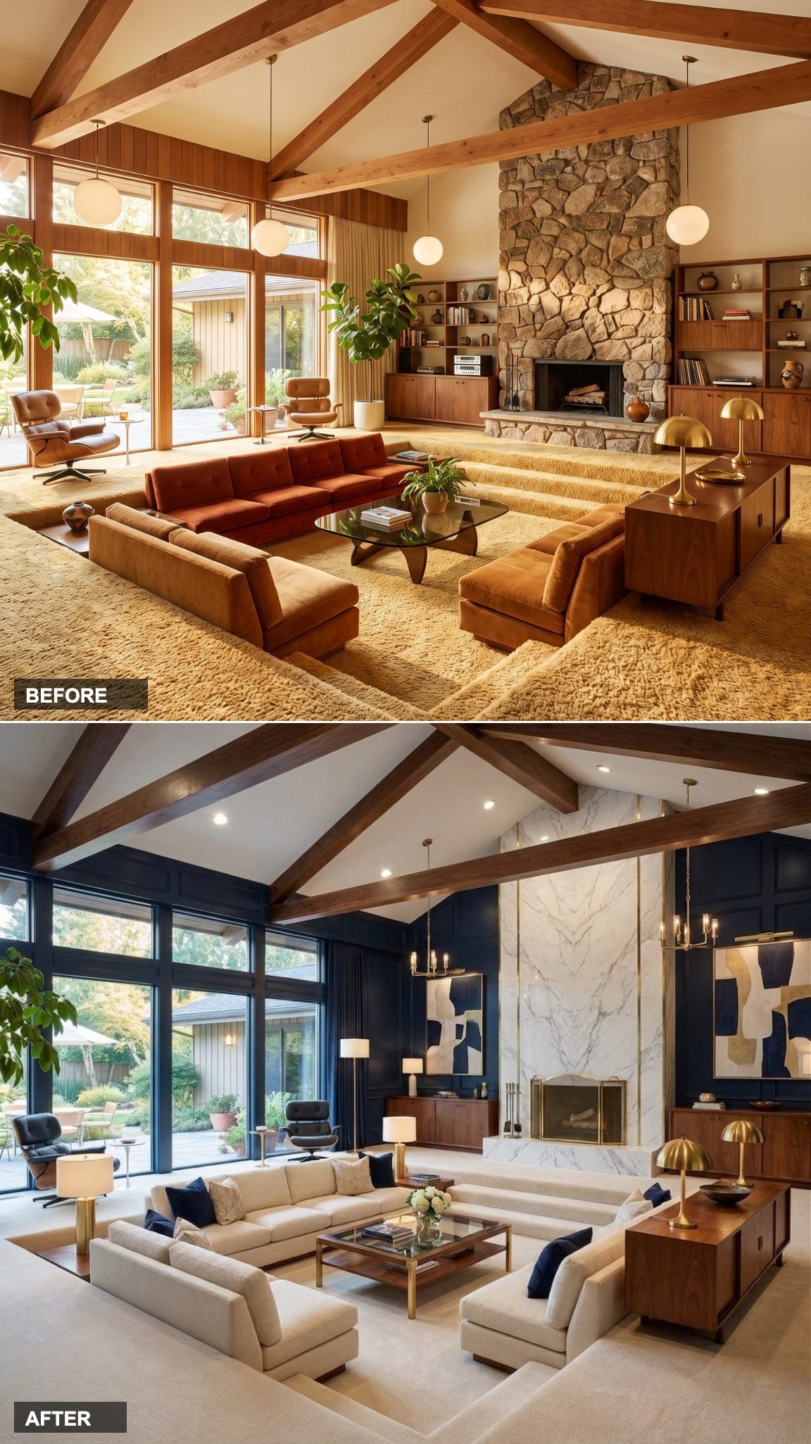 Sophisticated Navy Paneling with White Marble Fireplace and Brushed Brass Accents