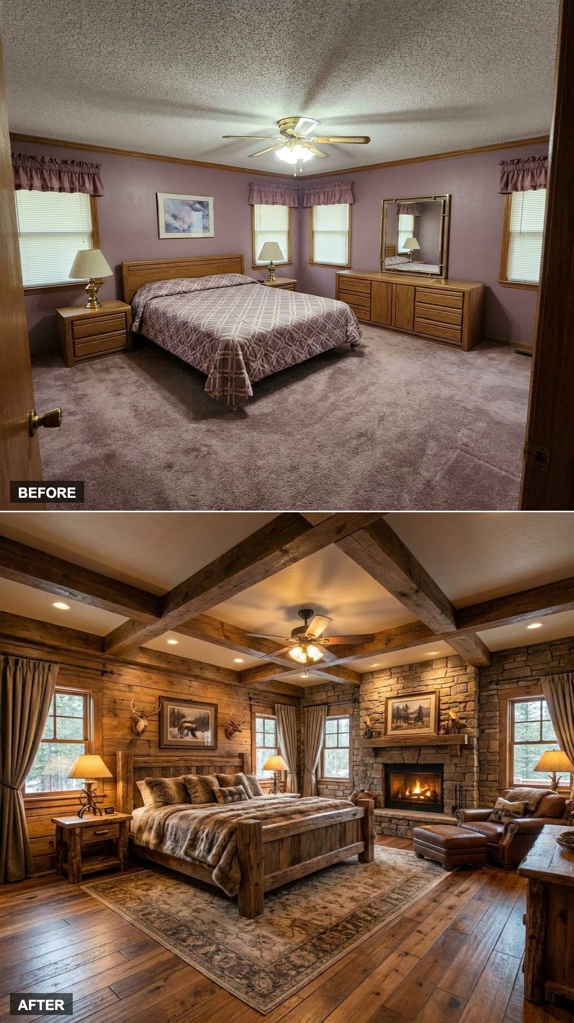 Stacked Stone Fireplace and Timber Millwork Turn This Builder Bedroom into a Mountain Lodge