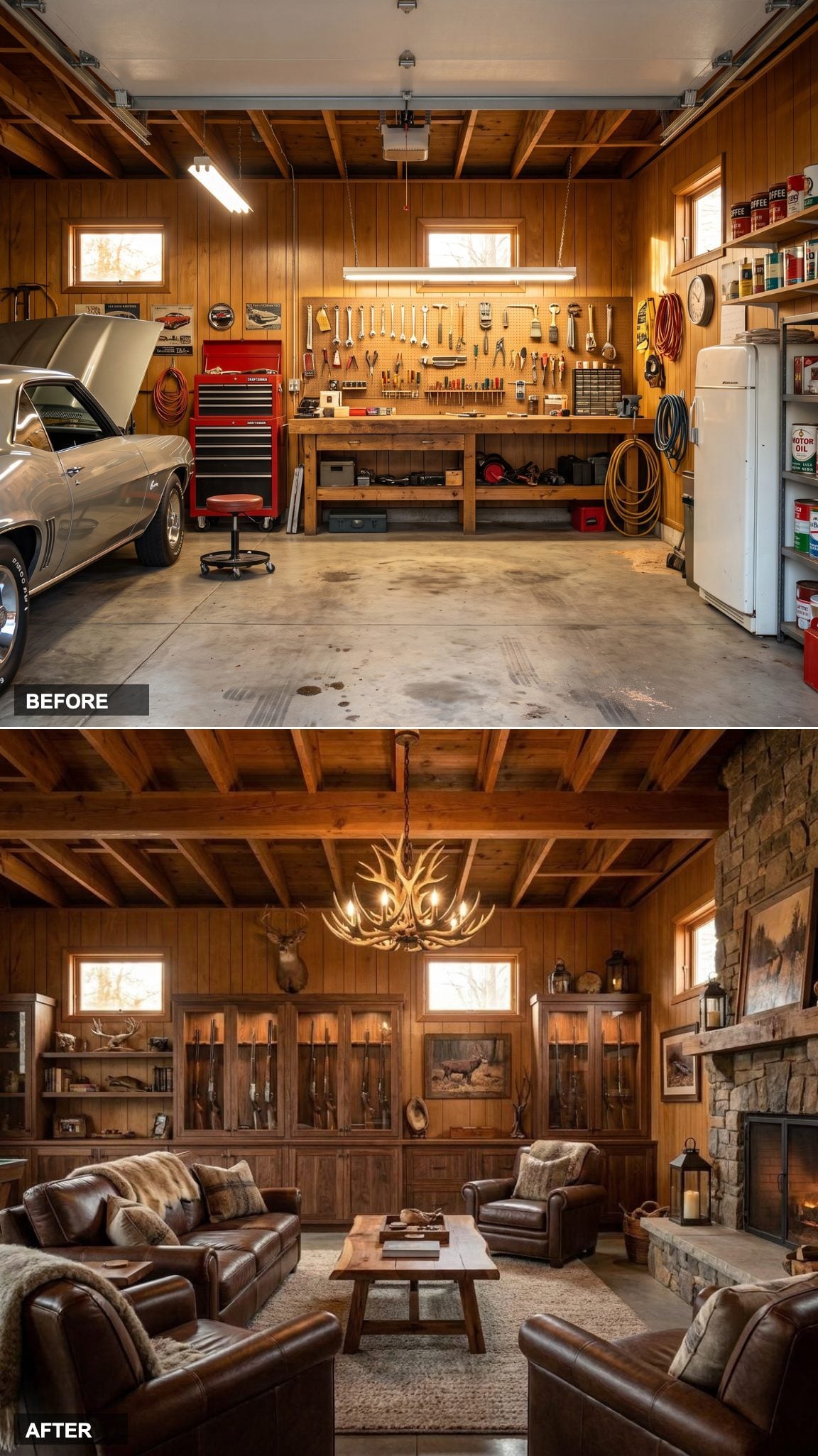 Stone Fireplace, Walnut Gun Cabinetry, and Antler Lighting: A Modern Hunting Lodge With Real Craft