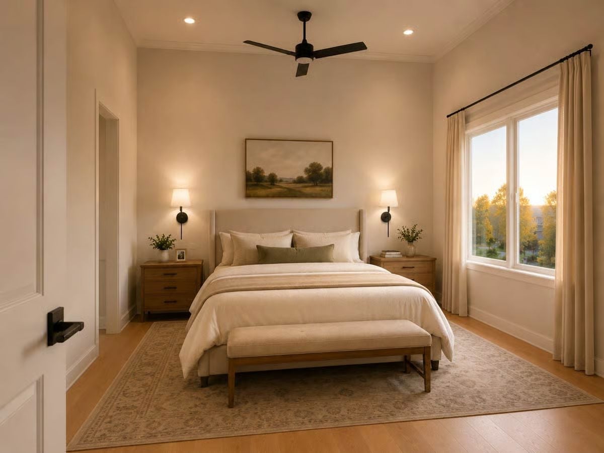 Warm Neutrals and Wall Sconces Make This Primary Bedroom Feel Like a Retreat You'd Actually Pay For