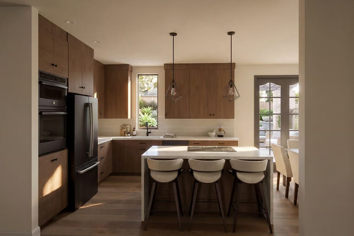 Geometric Pendants, White Stone Island, and Cabinets That Pull the Whole Room Together