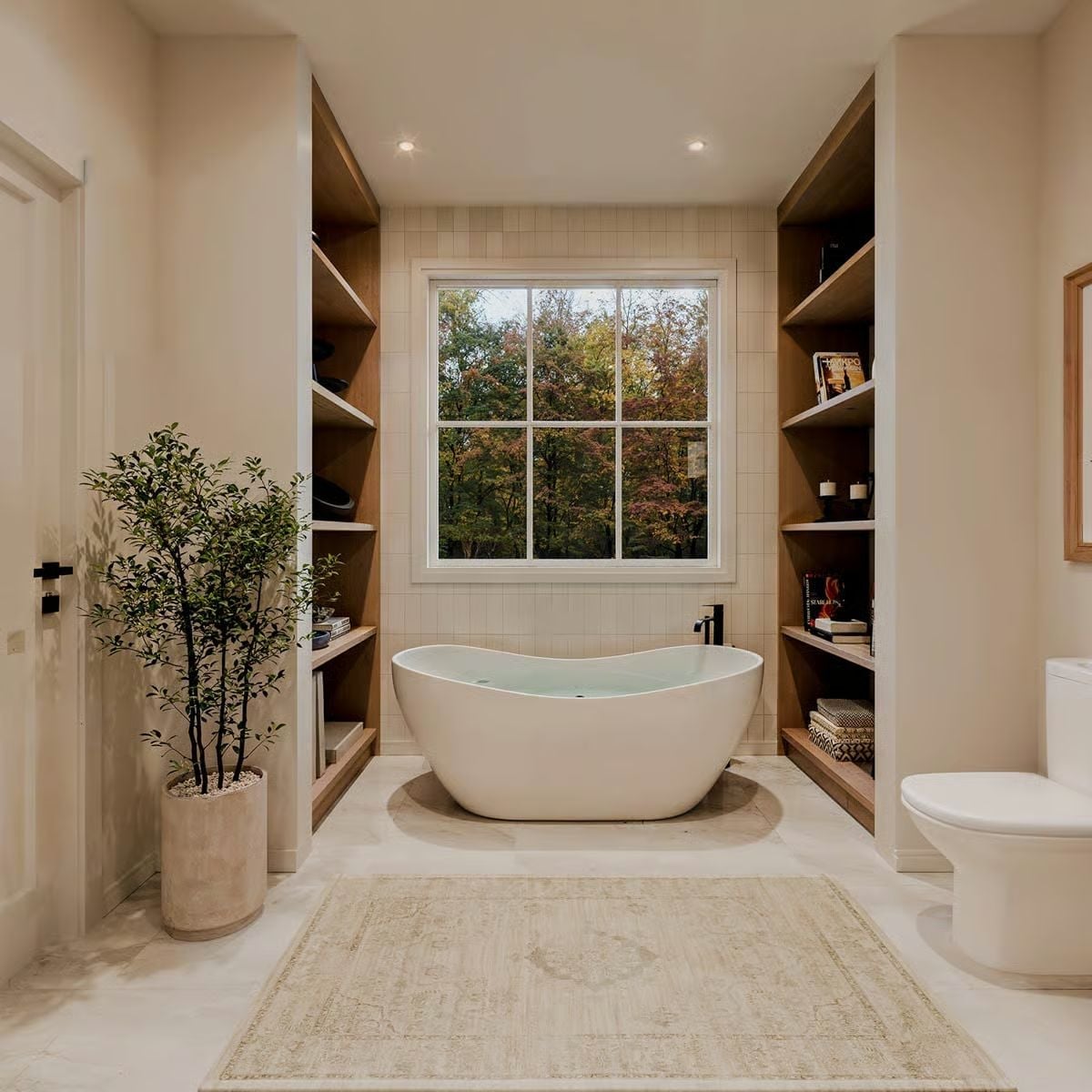 Freestanding Tub, Open Shelving, and a Window Worth Bathing In Front Of