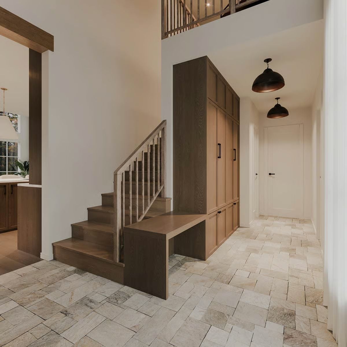 Herringbone Stone, Built-In Cabinetry, and a Staircase That Earns Its Place