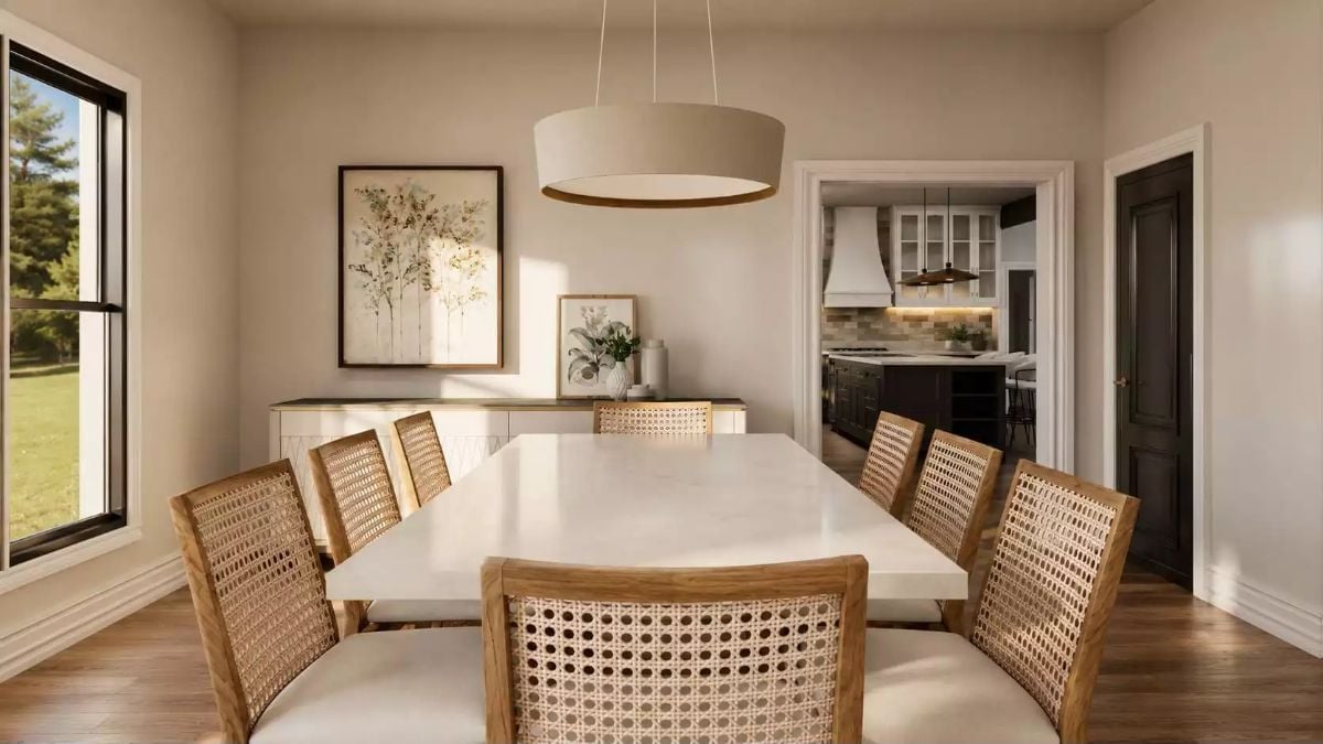 Cane-Back Chairs and a White Quartz Table Set the Tone Before Dinner Even Starts
