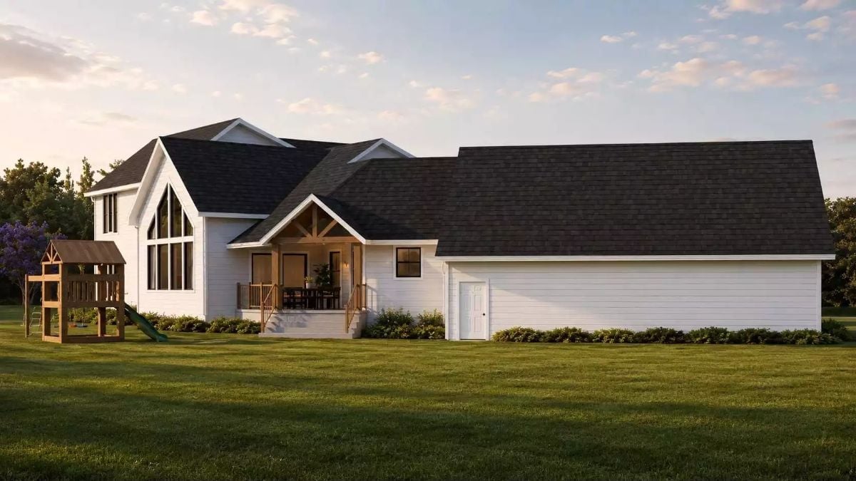 Covered Back Porch with Timber Framing Pulls the Whole Yard Into the Picture
