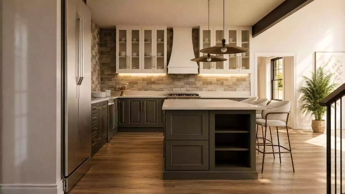 Dark Olive Cabinetry and Frosted Glass Uppers Make a Case for Two-Tone Kitchens