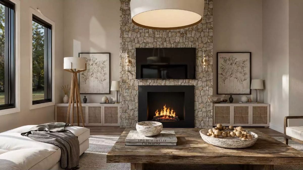 Stone Fireplace Wall with TV Mount Proves You Don't Have to Choose