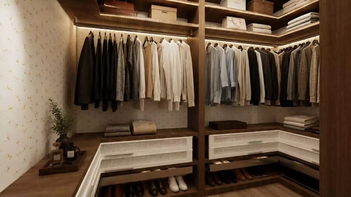 Warm-Toned Walk-In Closet Built for People Who Actually Own a Lot of Clothes