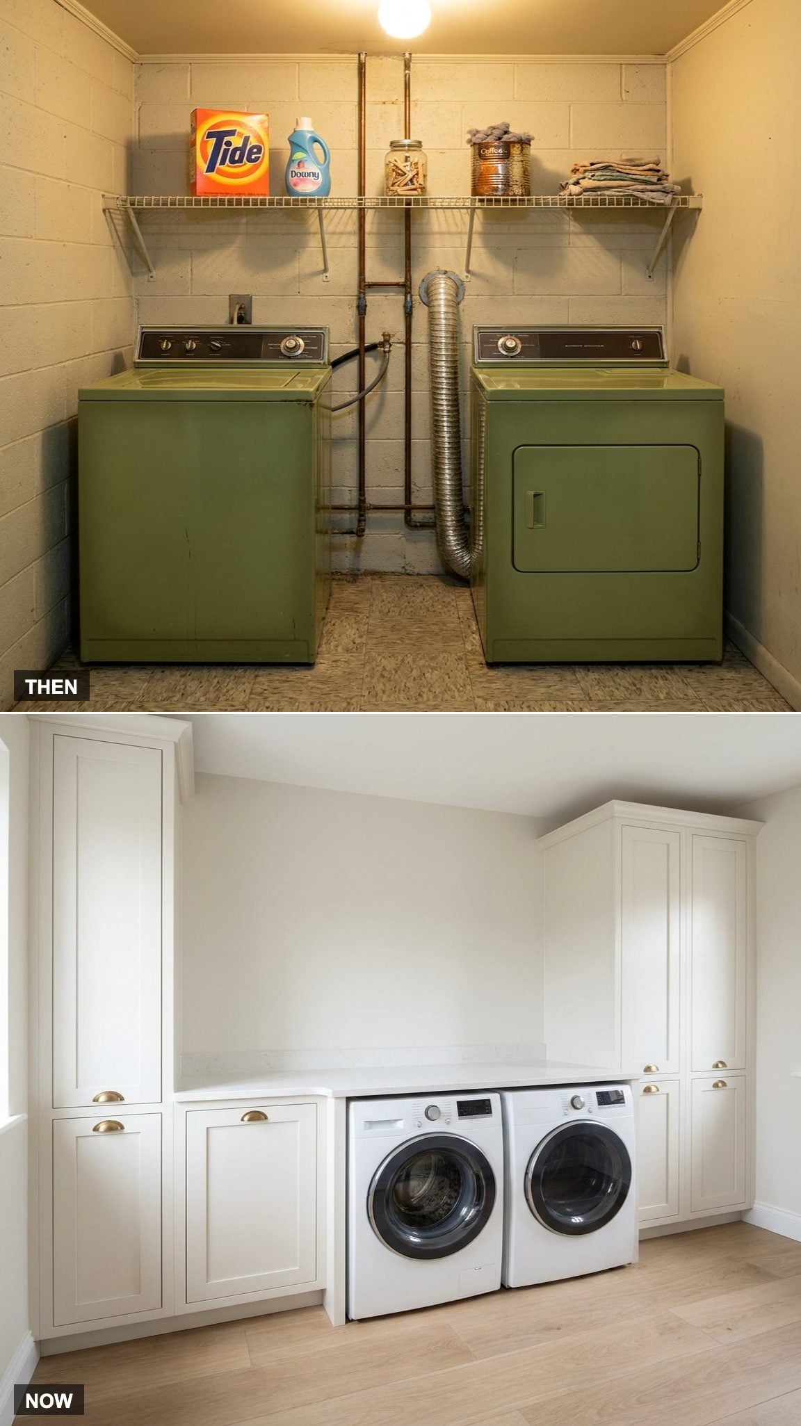 Storage Above the Machines: One Wire Shelf vs. Floor-to-Ceiling Cabinetry