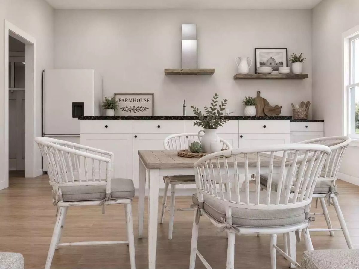 Distressed White Chairs and a Stone Countertop Say Two Different Things — and Both Are Right